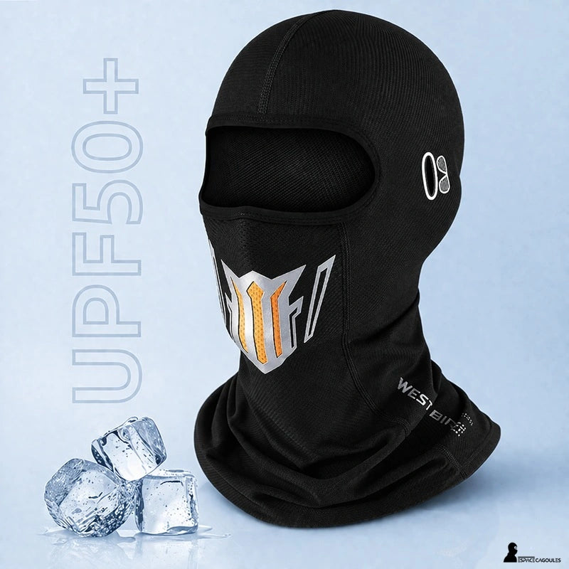 Vue produit cagoule respirante noire avec panneau facial graphique et protection cou intégrée - Espace Cagoules