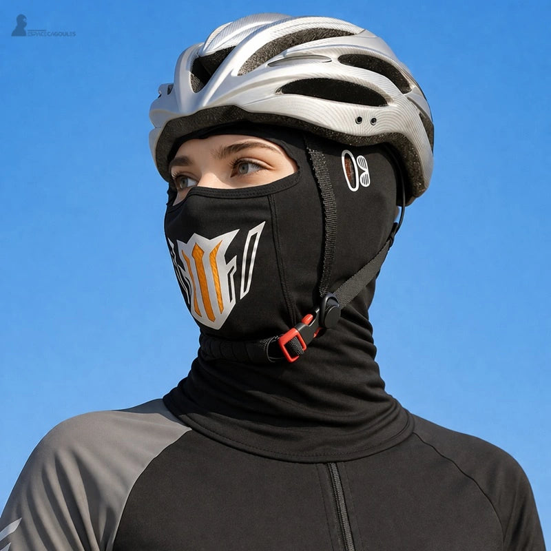 Cagoule noire pour cycliste femme sous casque avec maintien ajusté et tissu extensible couvrant cou et menton - Espace Cagoules