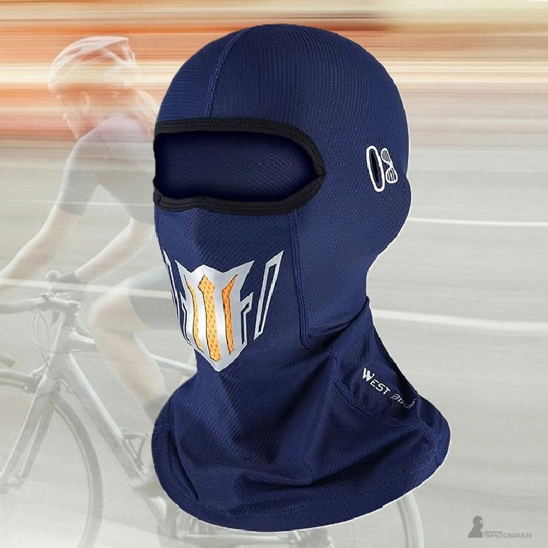 Cagoule vélo femme bleue avec ouverture large des yeux et zone buccale technique vue de face - Espace Cagoules