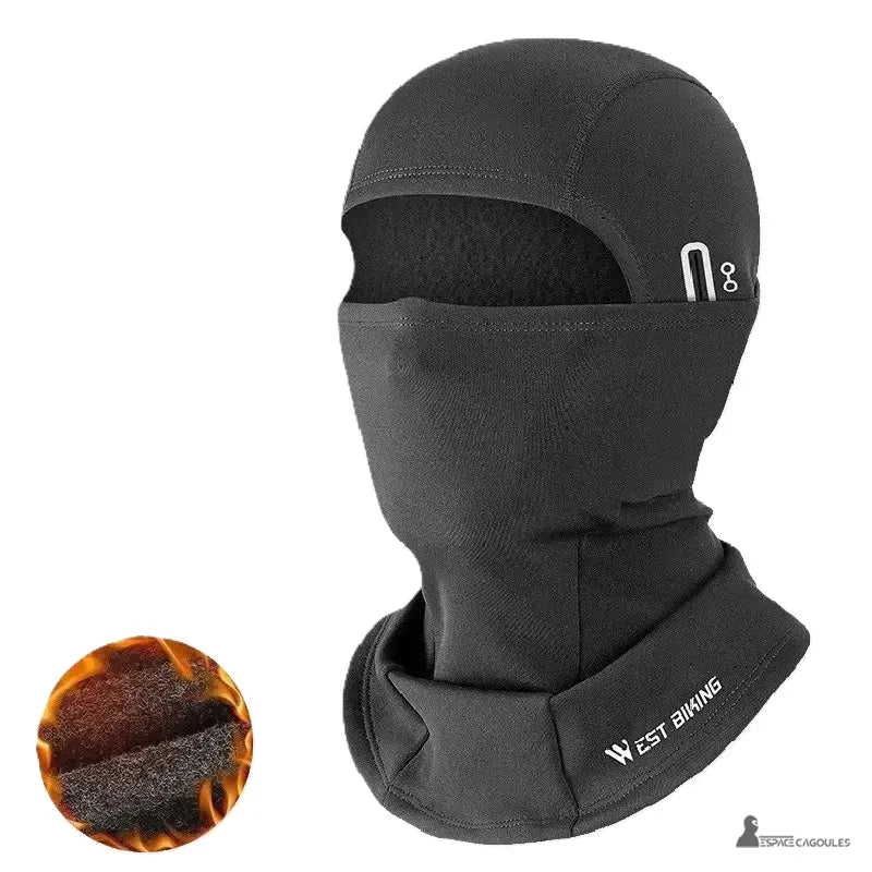 Cagoule vélo grand froid noire chaude et respirante présentée sur fond blanc avec détail thermique