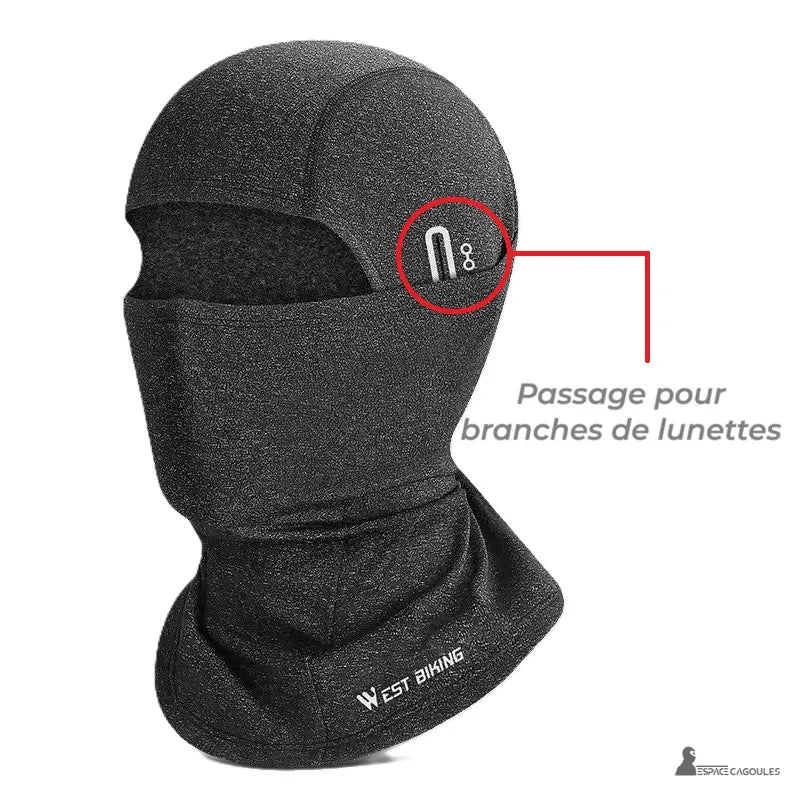 Cagoule vélo grand froid avec passage prévu pour branches de lunettes de protection