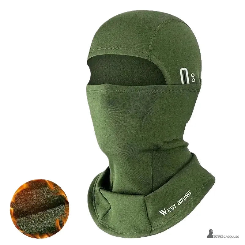 Cagoule vélo grand froid verte chaude et coupe-vent avec intérieur polaire isolant pour cyclistes hivernaux
