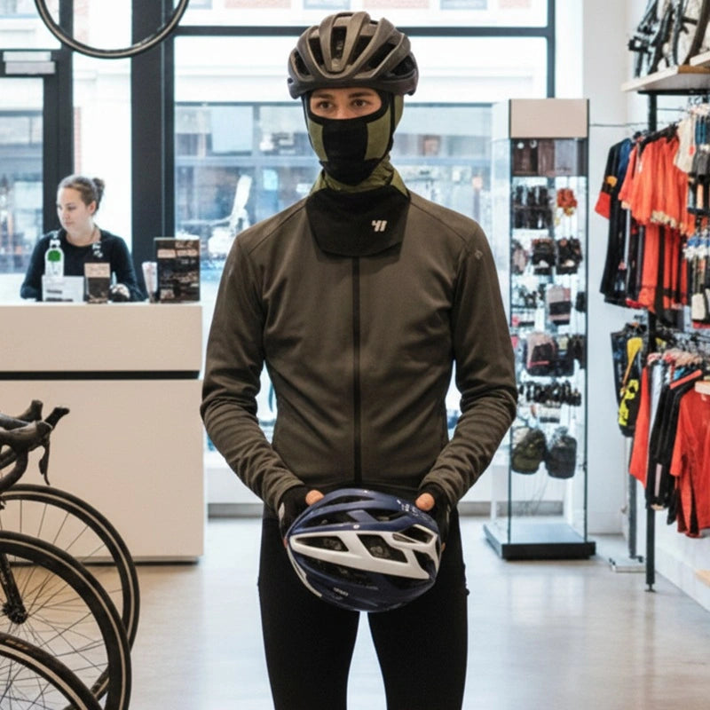 Cagoule vélo hiver à plastron portée par un cycliste sous casque vélo, textile technique doublé polaire, forme ajustée, vue portée en environnement intérieur magasin de vélo - Espace Cagoules
