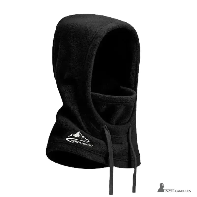 Women's balaclava hood in black fleece fabric, seen in profile, with a white logo representing mountains.