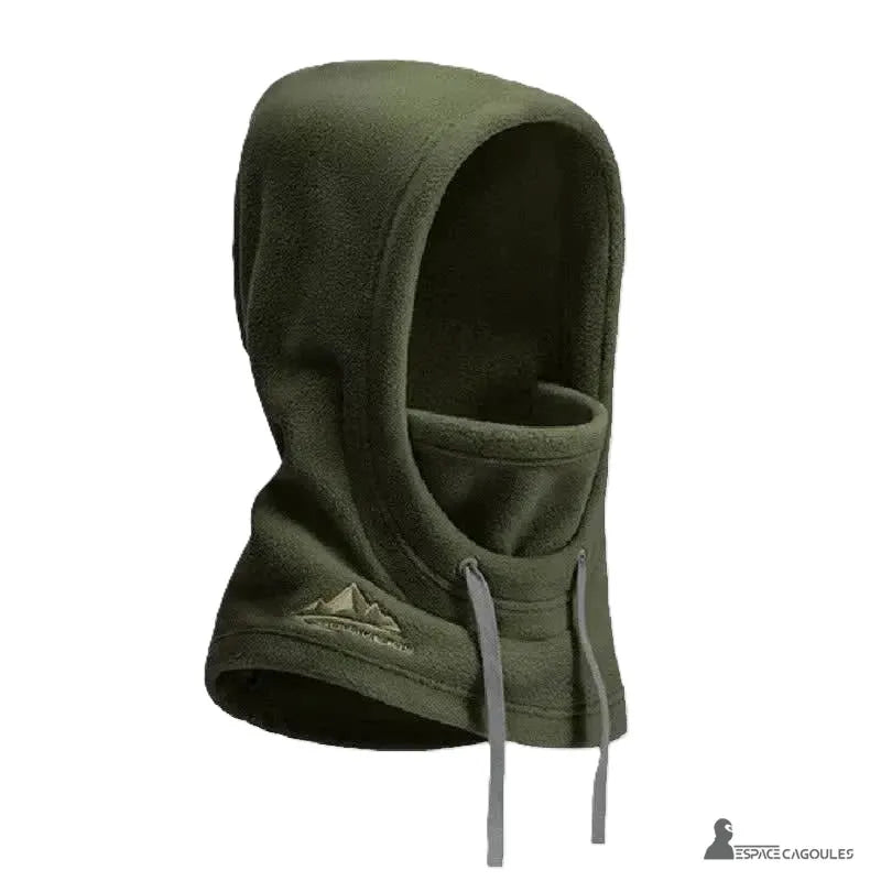 Women's balaclava hood in olive green fleece, front view, with a white logo depicting mountains.