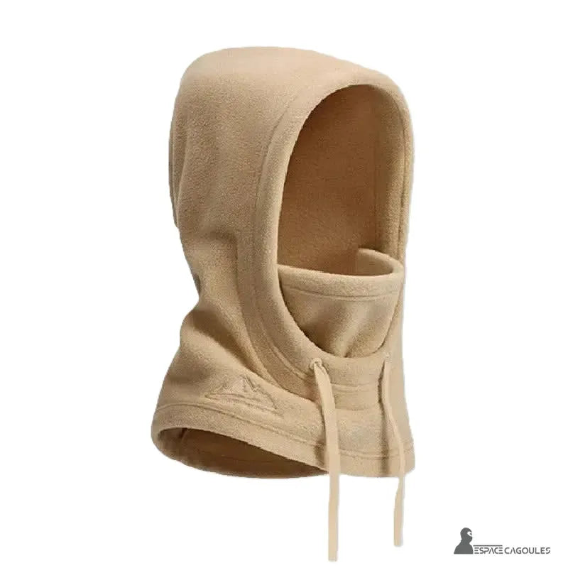 Women's balaclava hood in khaki fleece, front view, with a white logo representing mountains.