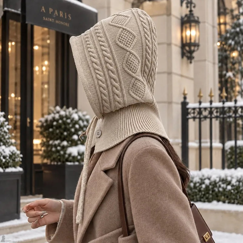 Femme de profil portant capuche cagoule tricot beige fermée par boutons, rue parisienne enneigée - Espace Cagoules