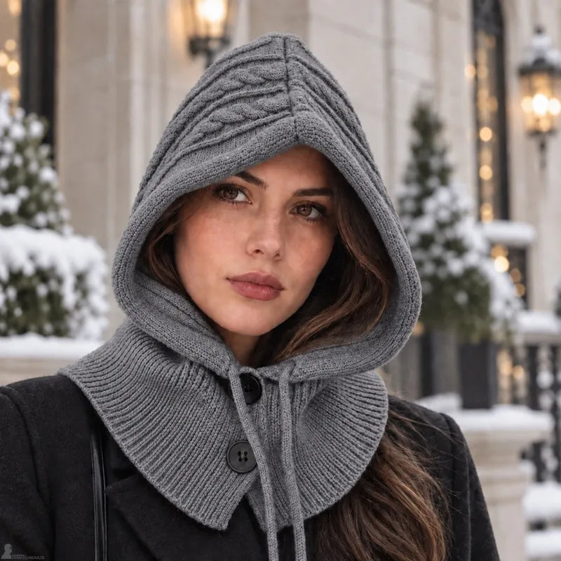 Femme portant capuche cagoule tricot grise ajustée, col boutonné, façade enneigée en arrière-plan - Espace Cagoules
