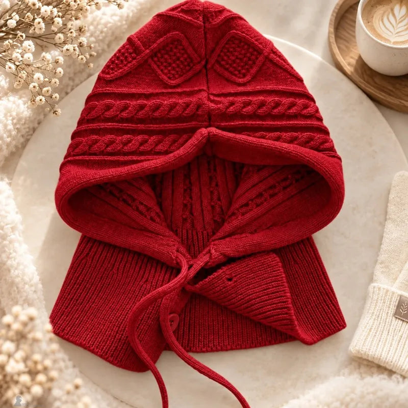 Capuche cagoule tricot rouge à torsades posée à plat, col montant et liens à nouer - Espace Cagoules