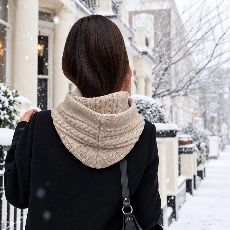 Femme vue de dos portant capuche cagoule tricot beige, col couvrant la nuque, rue enneigée - Espace Cagoules