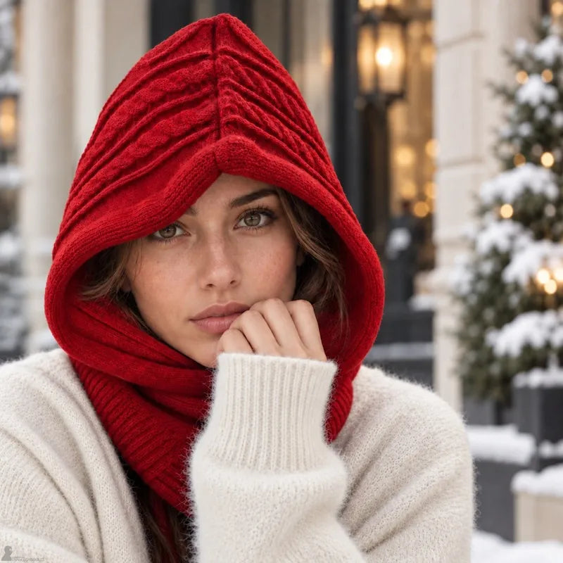 Femme portant capuche cagoule tricot rouge à torsades avec col couvrant, décor hivernal enneigé - Espace Cagoules