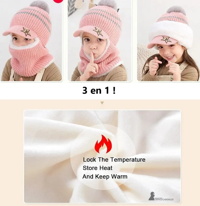 Casquette bonnet enfant rose tricot 3 en 1 avec pompon gris, fille souriante montrant différentes façons de porter le bonnet