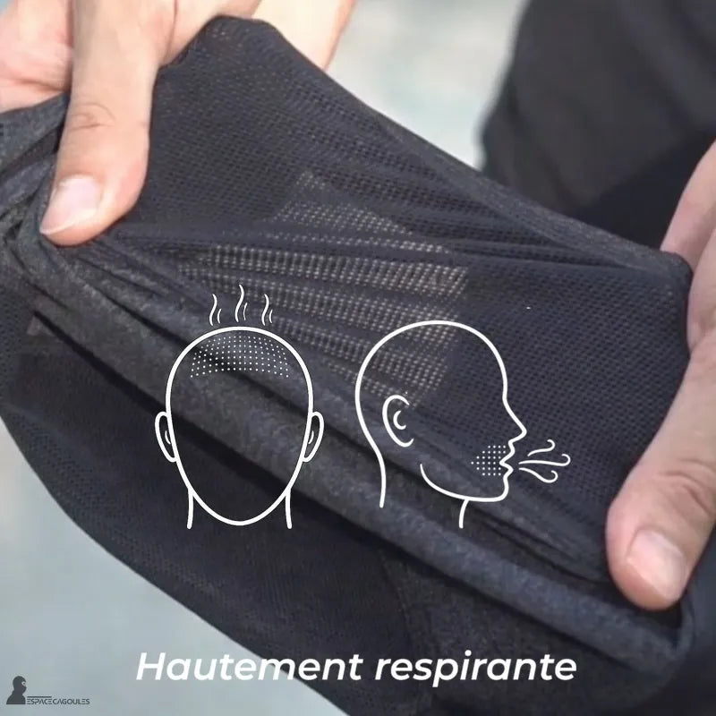 Casquette cagoule été tenue entre deux mains montrant la maille respirante intérieure avec pictogrammes de ventilation et évacuation de la chaleur – Espace Cagoules