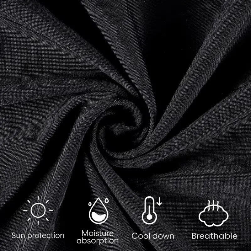 Casquette cagoule été tissu noir en gros plan avec pictogrammes indiquant protection solaire, absorption de l’humidité, effet rafraîchissant et respirabilité – Espace Cagoules