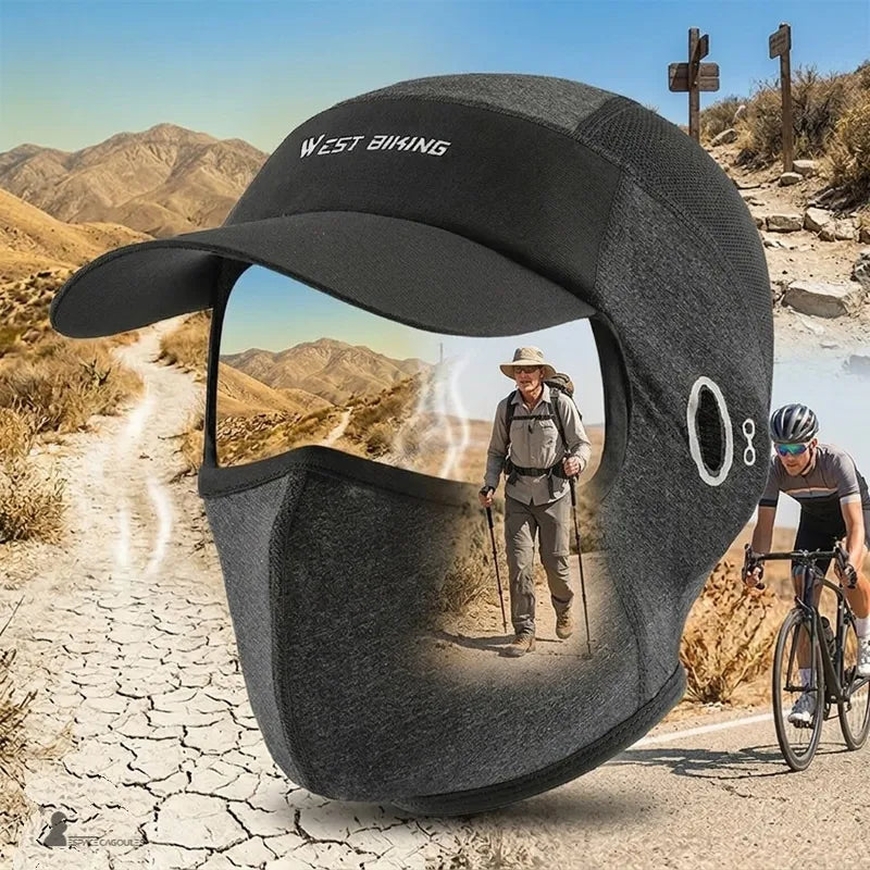 Casquette cagoule été avec visière portée en randonnée dans un paysage montagneux sec, vue de face avec marcheur et cycliste en arrière-plan – Espace Cagoules