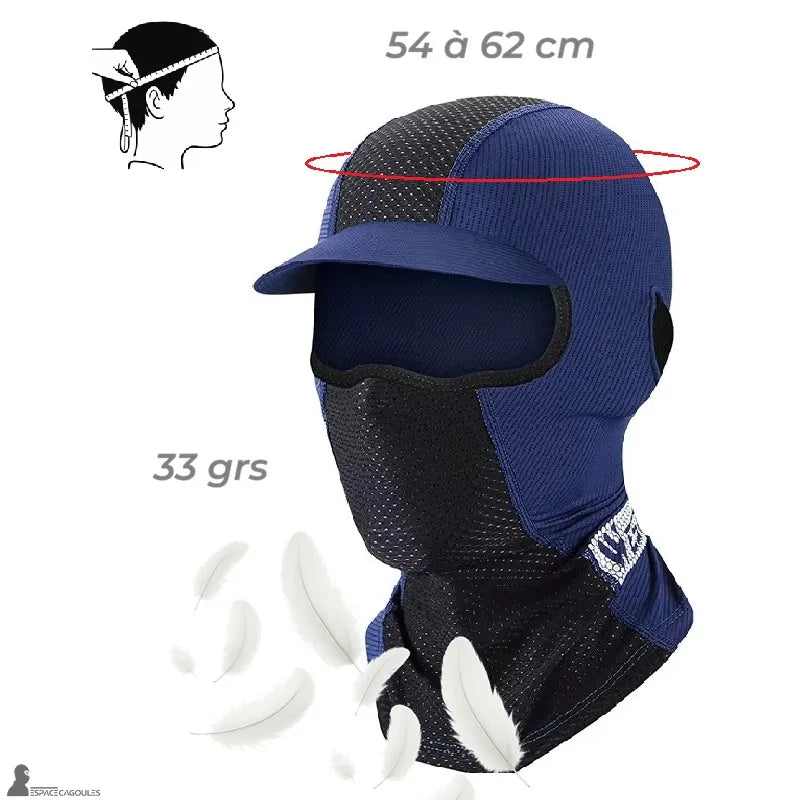 Casquette cagoule homme bleu et noir avec schéma de tour de tête 54 à 62 cm et indication du poids 33 grammes vue de trois-quarts - Espace Cagoules