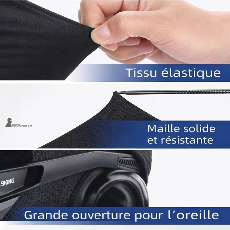 Casquette cagoule homme détail du tissu extensible étiré à la main avec vue macro de la maille solide et ouverture pour l’oreille - Espace Cagoules