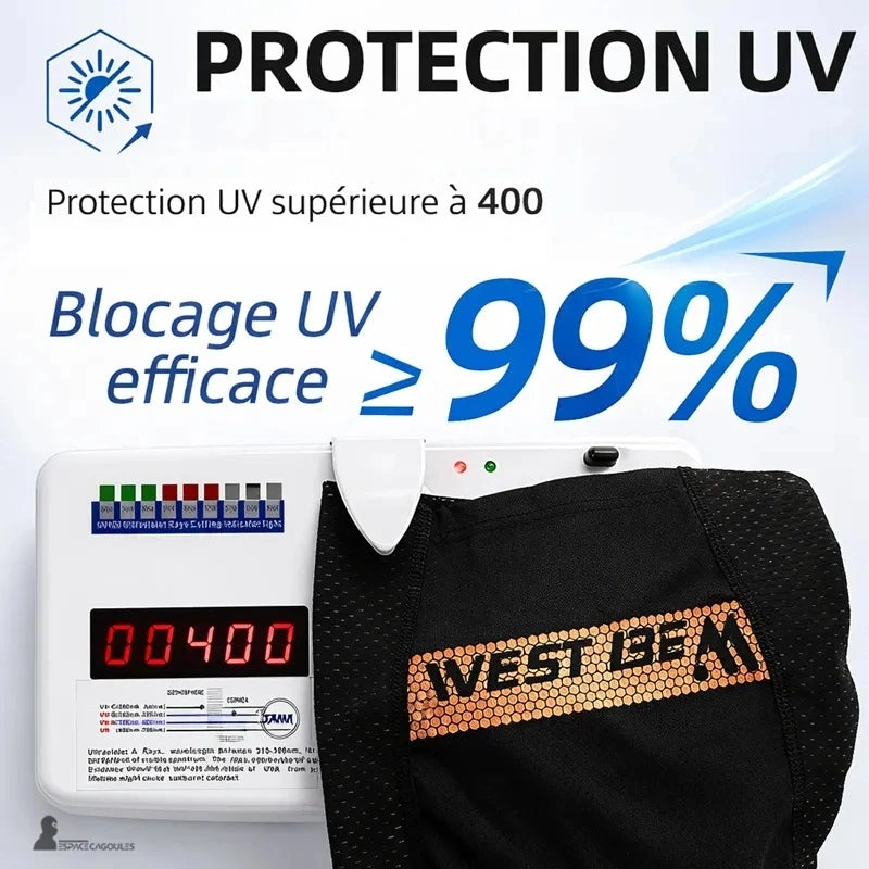 Casquette cagoule homme détail du tissu noir avec appareil de mesure indiquant un blocage UV supérieur à 99 pour cent - Espace Cagoules