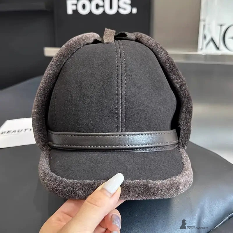 Mörkbrun keps sedd framifrån, band i syntetiskt läder och snygga ytor