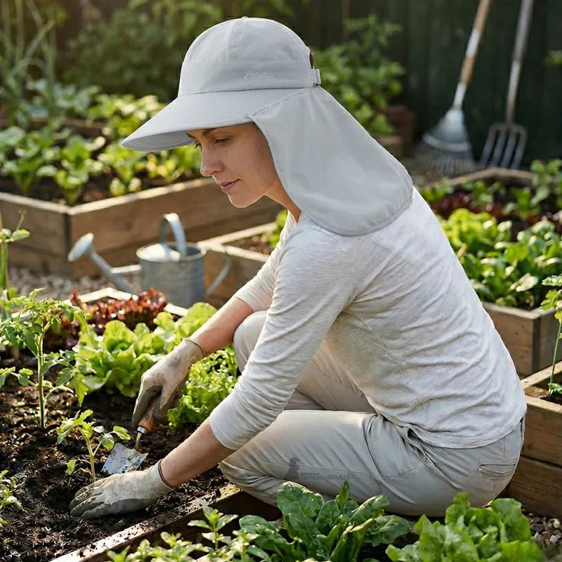 Woman wearing a gray safari hat for gardening, face and neck protection - Espace Cagoules