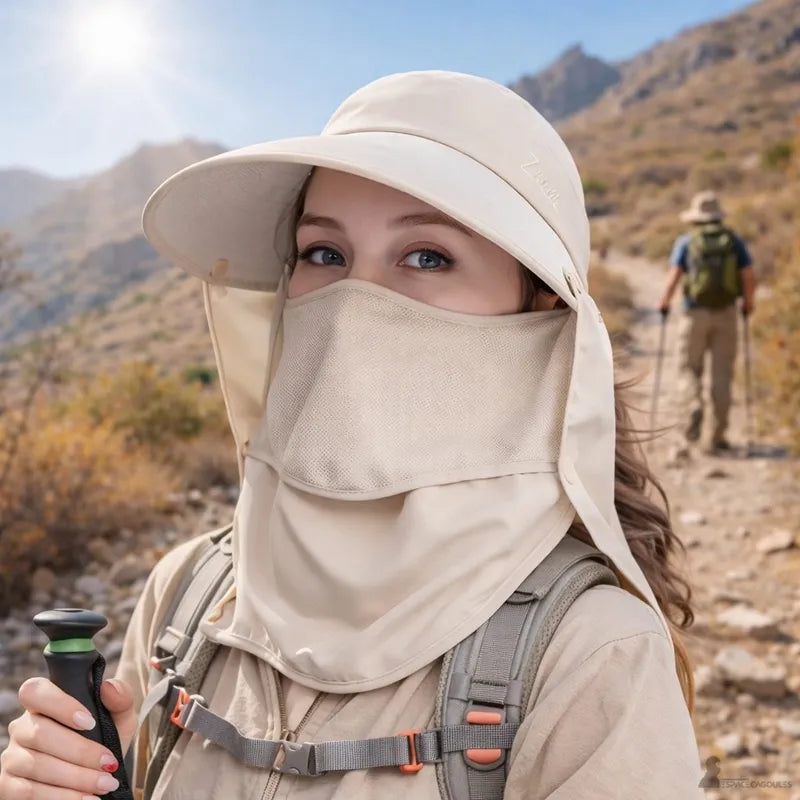 Beige women's safari cap on a smiling woman during a hike, decomposable model - Espace Cagoules.
