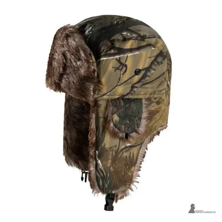 Brown Camouflage Hunting Hat with Thick Faux Fur Lining for Cold Weather