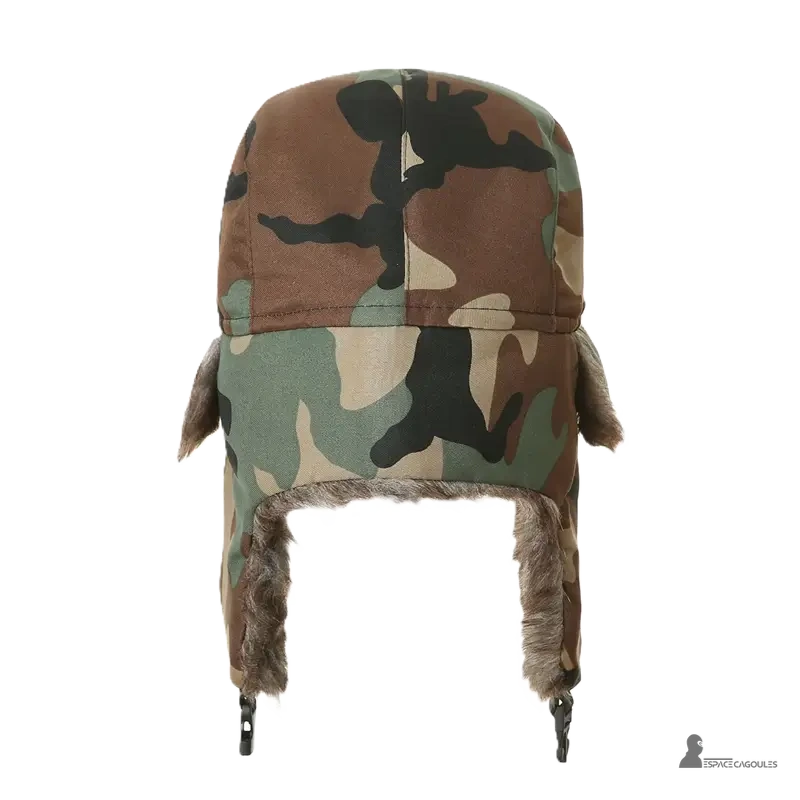Green and brown camouflage hunting hat rear view with ties under the chin
