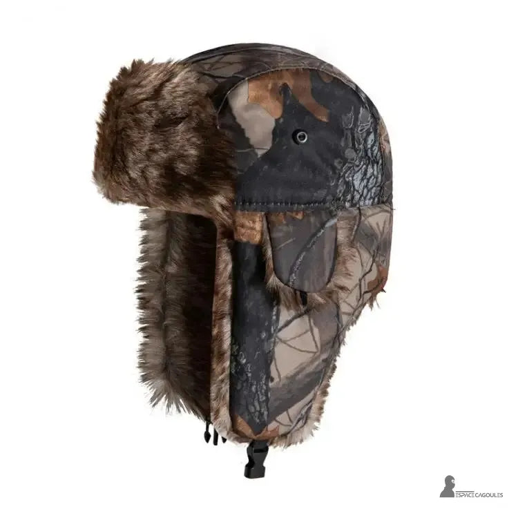 Grey and black camouflage hunting hat with fur protection against the cold