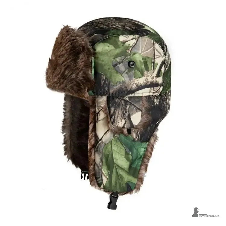 Forest green camouflage hunting chapka with comfortable fur-lined interior