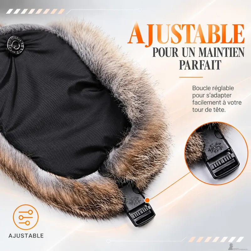 Chapka en fourrure homme gros plan sur attache ajustable et bordure en fourrure naturelle - Espace Cagoules