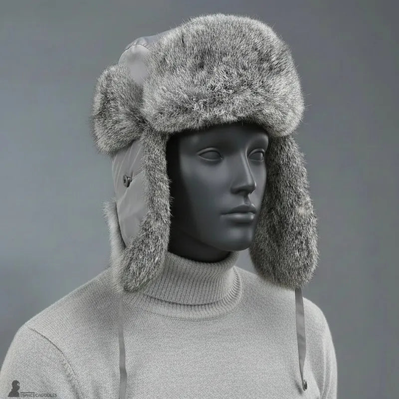 Cappello di pelliccia maschile in versione grigia indossato da una modella su sfondo neutro - Espace Cagoules