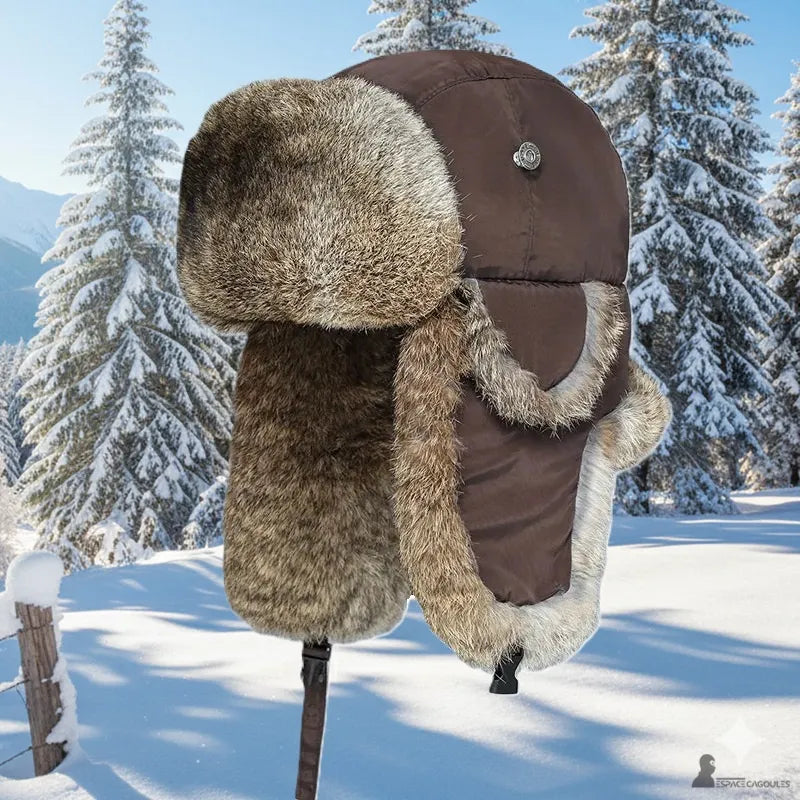 Vista esterna del cappello di pelliccia da uomo in un paesaggio innevato che mette in risalto la pelliccia densa - Espace Cagoules