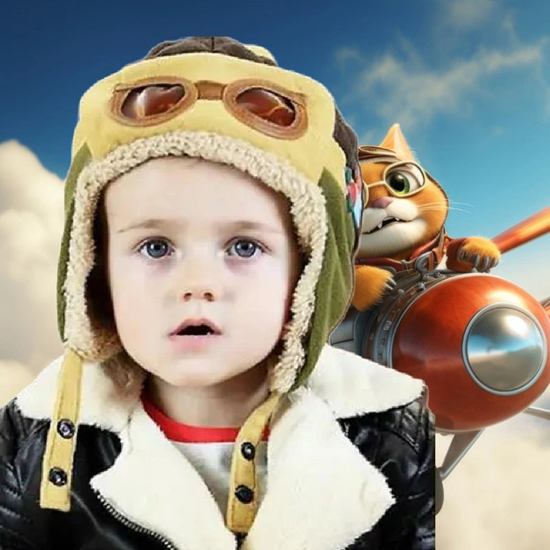 Child wearing a brown and beige aviator hat, with aviator glasses and pilot's jacket, in front of a sky and airplane décor.