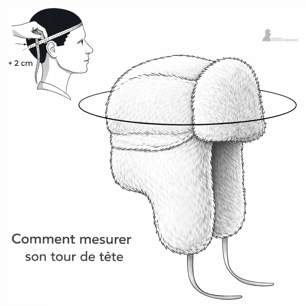 Schéma de mesure du tour de tête avec illustration de chapka et position du mètre ruban - Espace Cagoules