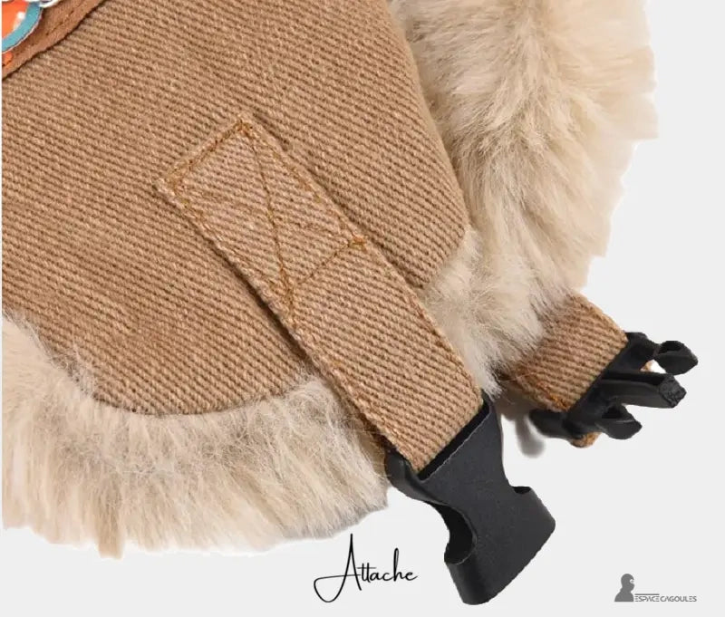 Women's winter hat with black tie detail with beige fabric and soft fur