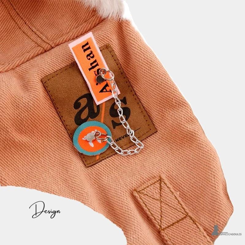 Woman Winter Chapka Close-up Design with Decorative Chain and Colorful Label