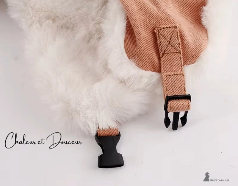 Women's winter indoor white faux fur lined hat with black tie