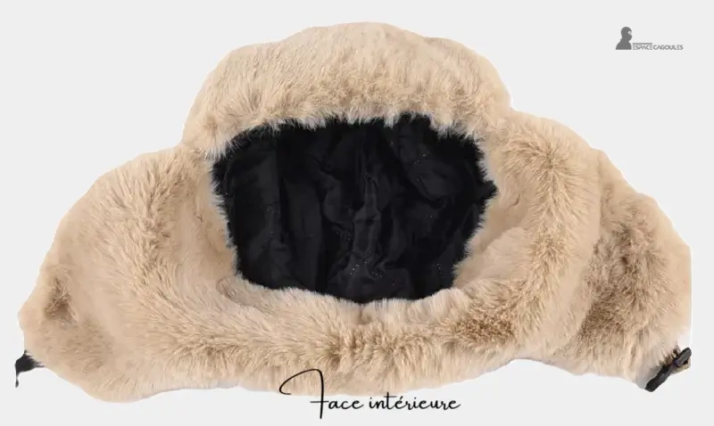 Women's winter chapka interior view showing black lining and thick beige fur