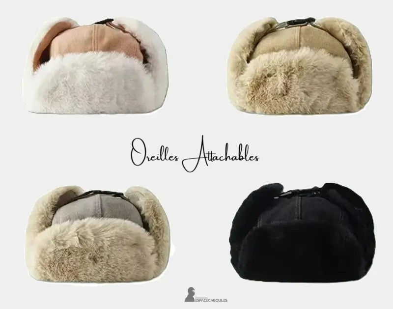 Women's winter hat panel of four models with attachable ears in different colors