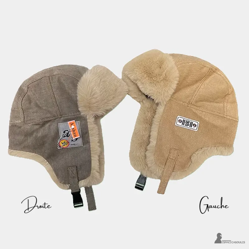 Women's winter hat compared to two beige and grey models posed in profile