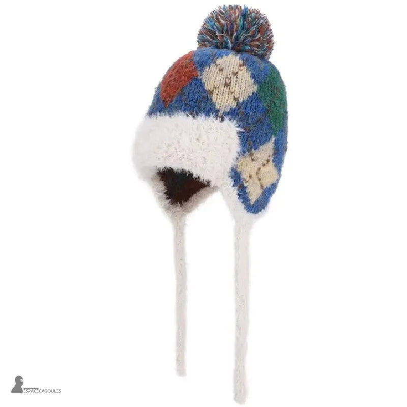 Chapka ski femme en laine tricotée à carreaux bleus et rouges avec pompon, intérieur polaire blanc doux pour l’hiver – Espace Cagoules