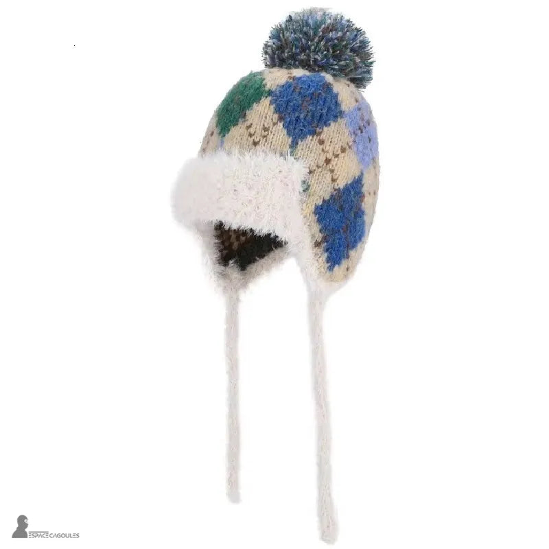 Chapka ski femme à motifs losanges verts et bleus, doublure chaude et pompon multicolore – Espace Cagoules