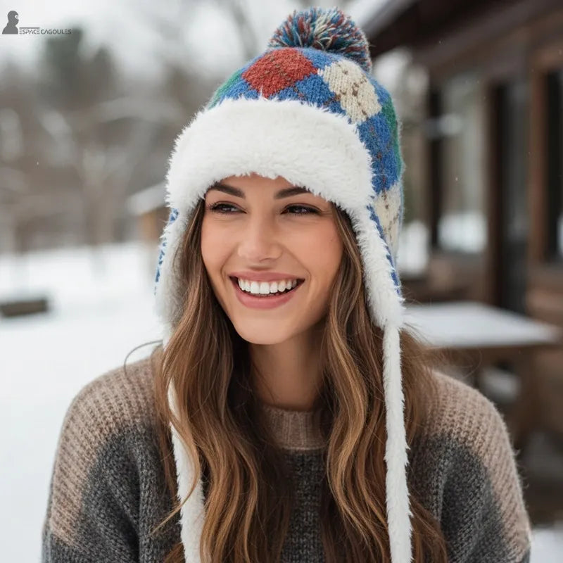 Chapka ski femme portée par une femme souriante dans un environnement enneigé, ambiance hivernale chaleureuse – Espace Cagoules