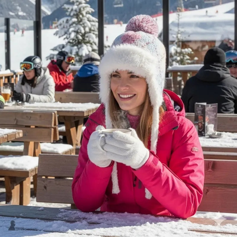 Chapka ski femme rose et violette portée en station de ski, femme souriante buvant une boisson chaude en terrasse enneigée – Espace Cagoules