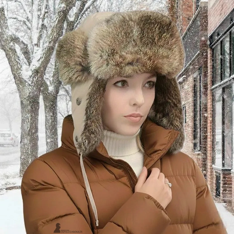 Cappello di pelliccia femminile – Donna con cappello beige con vera pelliccia di coniglio nella neve, atmosfera invernale urbana – Espace Cagoules