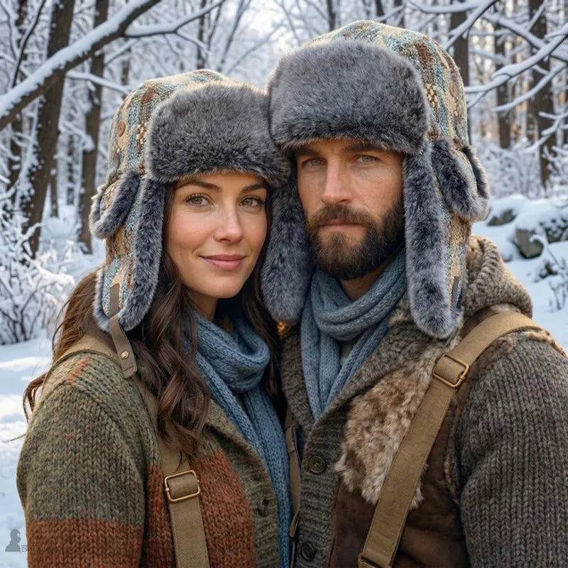 Couple posant avec des Chapkas patchwork fourrure identiques dans une forêt enneigée - Espace Cagoules