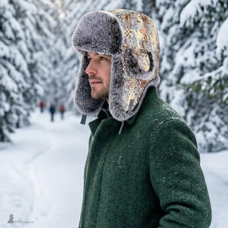 Homme barbu de profil dans la neige portant une Chapka patchwork fourrure gris/tweed - Espace Cagoules