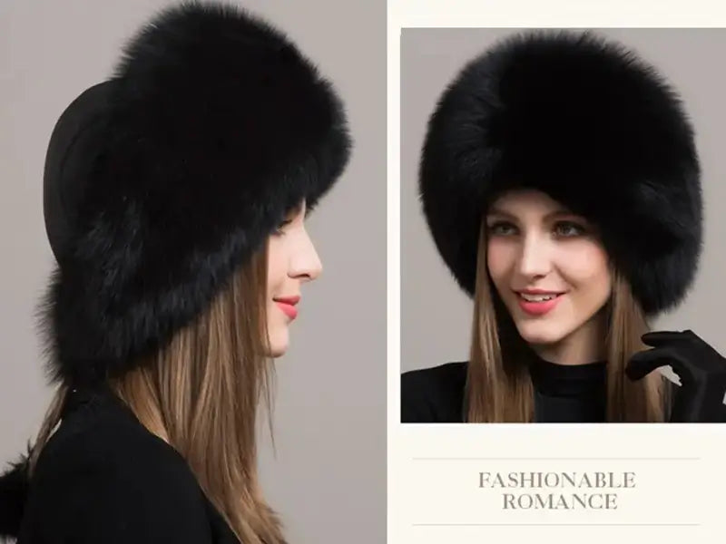 Montage, die eine russische Chapka in echtem schwarzem Fell aus verschiedenen Blickwinkeln zeigt. Vorder- und Profilansicht eines luxuriösen Winteraccessoires, perfekt für eleganten Stil und optimalen Schutz vor Kälte.