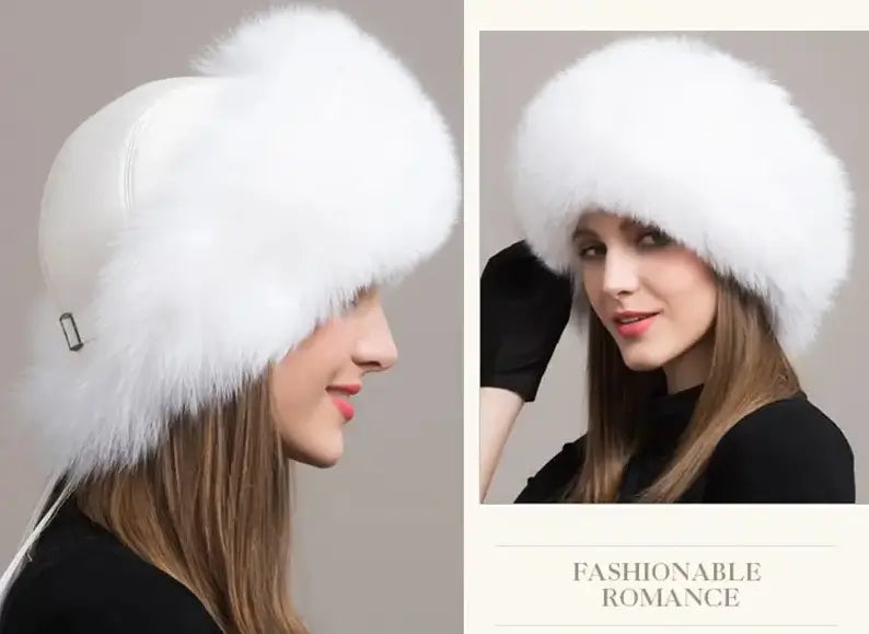 Montage, die eine russische Chapka aus echtem weißem Fell aus verschiedenen Blickwinkeln darstellt. Vorder- und Profilansicht eines luxuriösen Winteraccessoires, das sich perfekt eignet, um Eleganz und Schutz vor Kälte zu kombinieren.