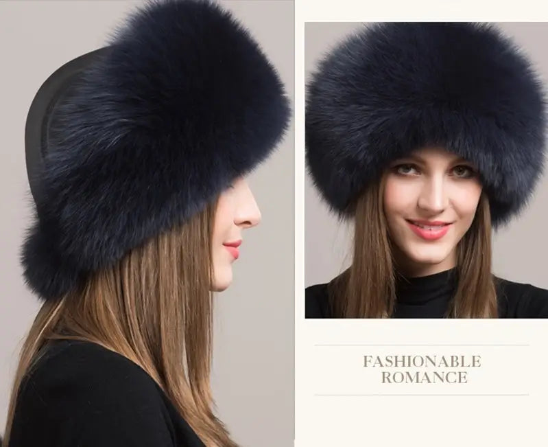 Montage, die eine russische Chapka in echtem dunkelblauem Fell aus mehreren Blickwinkeln darstellt. Vorder- und Profilansicht eines stilvollen Winteraccessoires, perfekt für einen edlen Look und Schutz vor niedrigen Temperaturen.